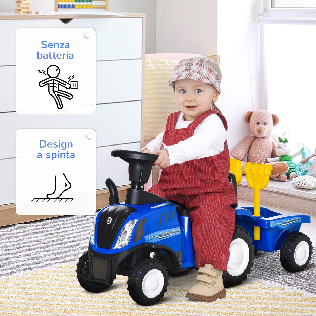 easycomfort easycomfort trattore per bambini cavalcabile con rimorchio rastrello e pala gioco educativo per bimbi 12 36 mesi 91x29x44cm blu