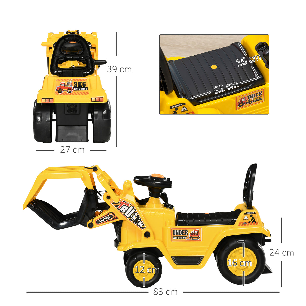easycomfort easycomfort escavatore per bambini 3 4 anni con pinza pulsante per suoni e spazio portaoggetti 83x27x39 cm giallo e nero