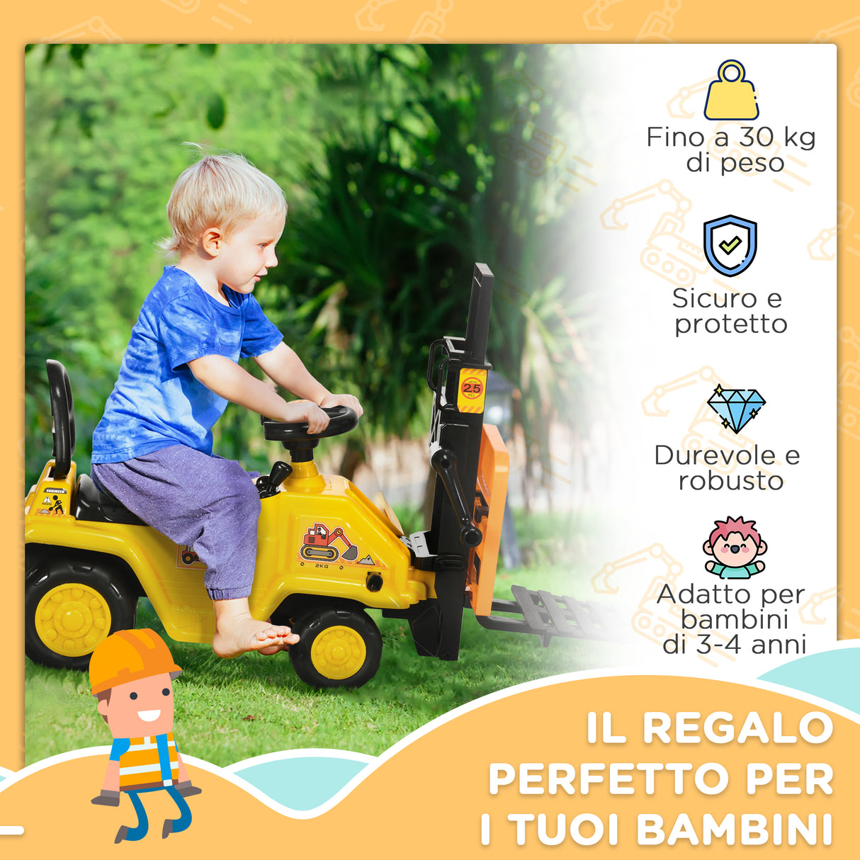 easycomfort easycomfort trattore a pedali per bambini 3 4 anni con muletto e spazio portaoggetti 86x27 5x47 5 cm giallo e nero