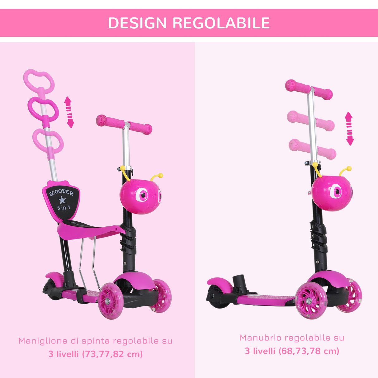 easycomfort easycomfort monopattino 3 ruote per bambini con sedile e maniglione manubrio con altezza regolabile 62x25x72 5cm rosa
