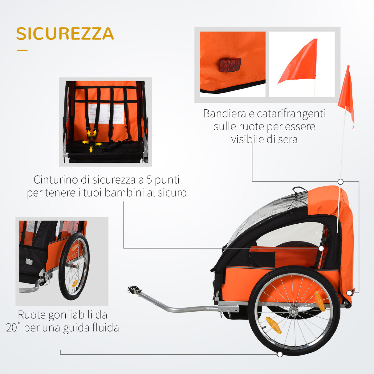 easycomfort easycomfort rimorchio bici bambini 2 posti con cinture di sicurezza e copertura arancione