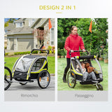 easycomfort rimorchio per bicicletta per 2 bambini 2 in 1 passeggino con cinture di sicurezza catarifrangenti e bandierina giallo