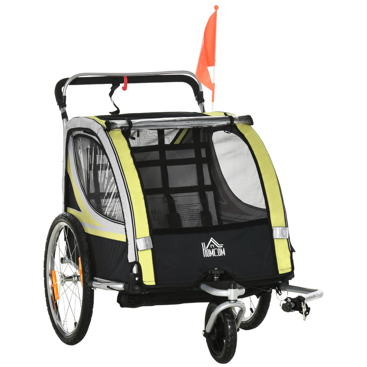 easycomfort rimorchio per bicicletta per 2 bambini 2 in 1 passeggino con cinture di sicurezza catarifrangenti e bandierina giallo