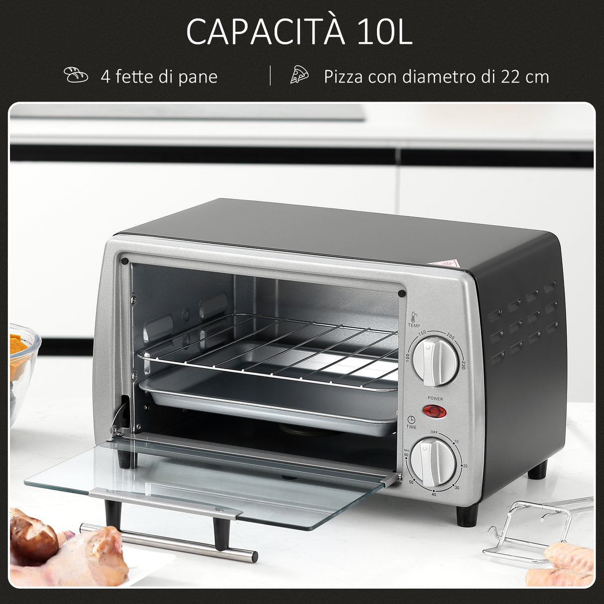 easycomfort easycomfort fornetto elettrico 10l temperatura regolabile e timer griglia e teglia incluse 750w 36 5x26x22cm argento nero