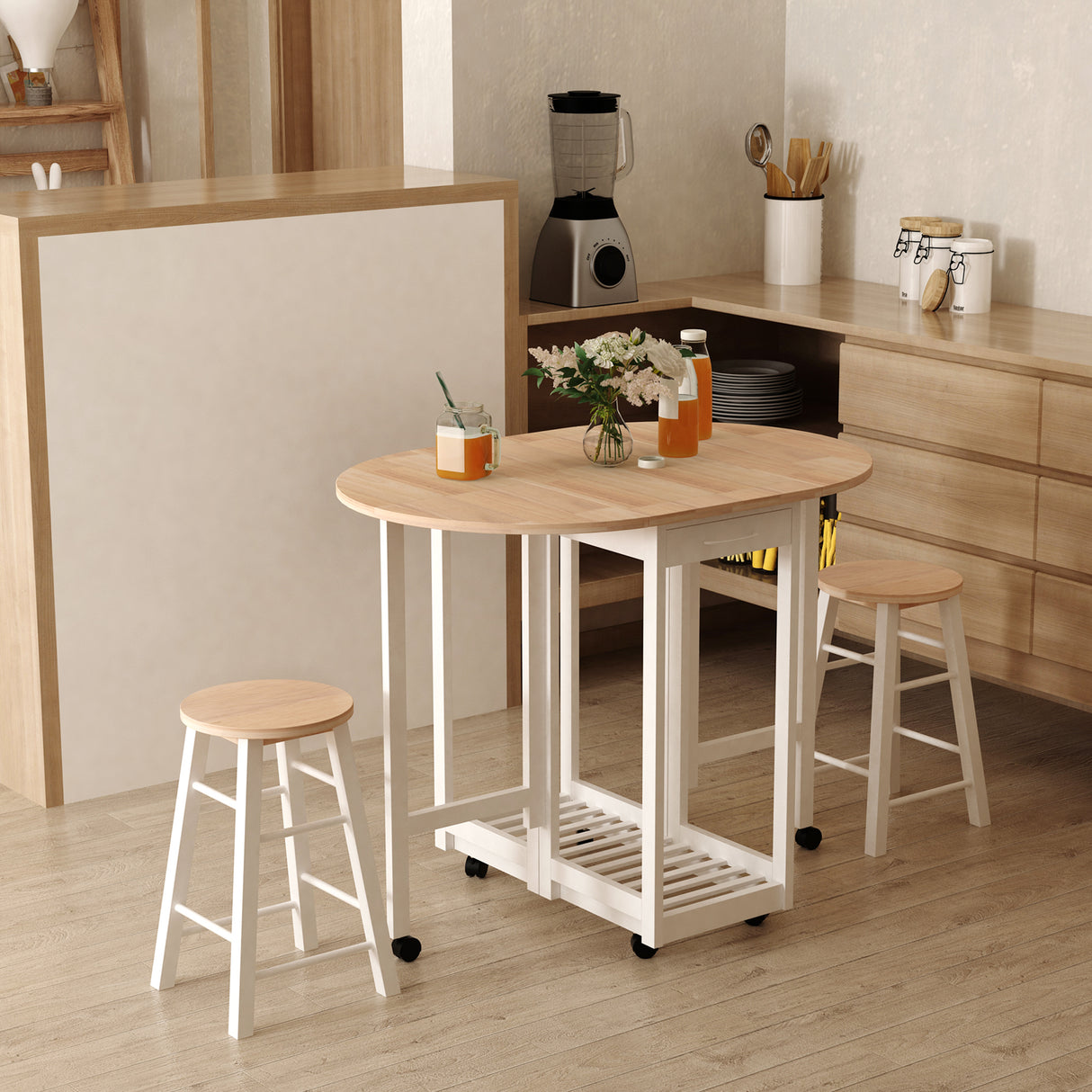 easycomfort easycomfort set 3 pezzi tavolo pieghevole da cucina e 2 sgabelli salvaspazio bianco e legno