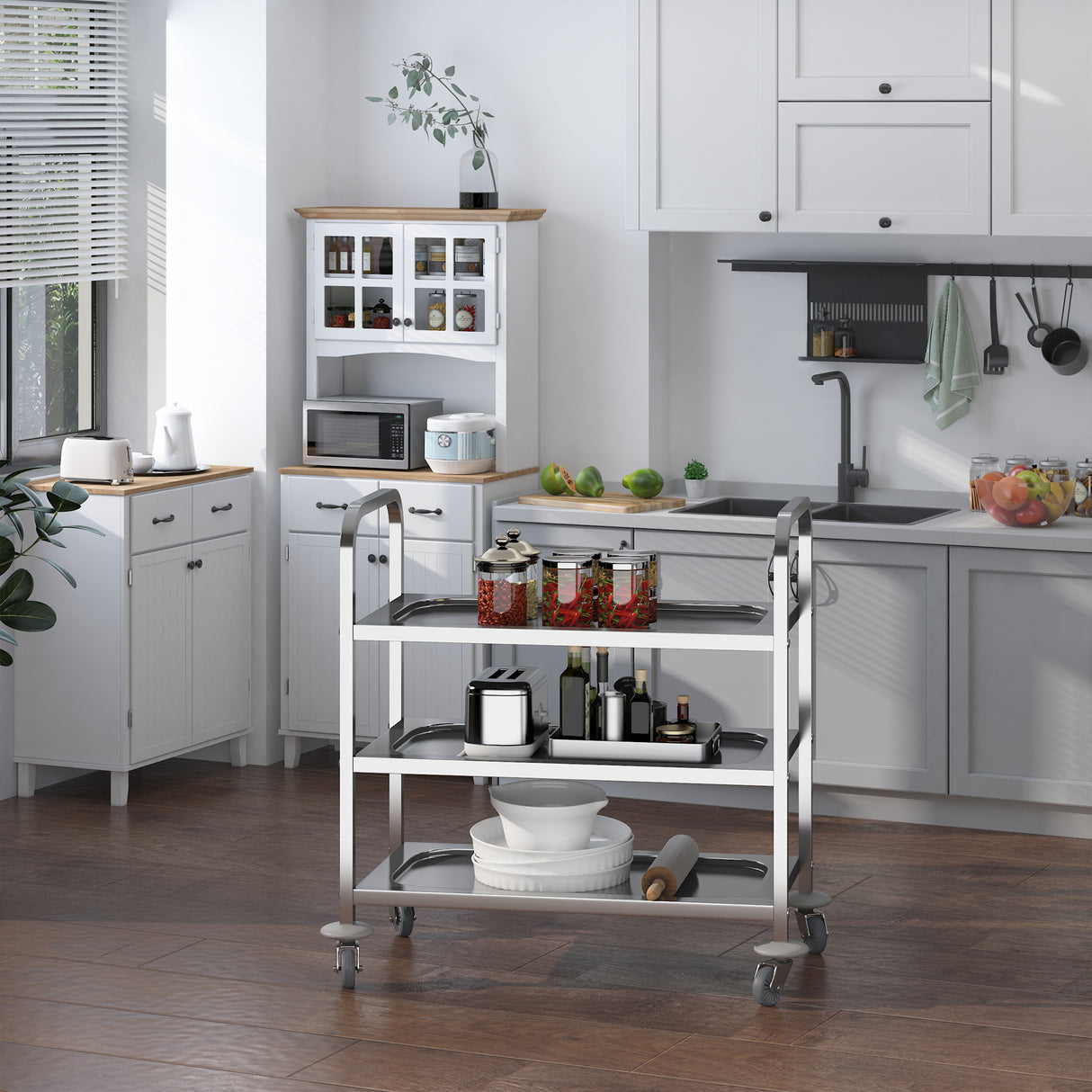easycomfort easycomfort carrello da cucina 3 ripiani aperti 4 ruote omnidirezionali con 2 freni cuscinetti anti collisione in acciaio inossidabile 430 argento 85x45x90cm ean 8054144138558