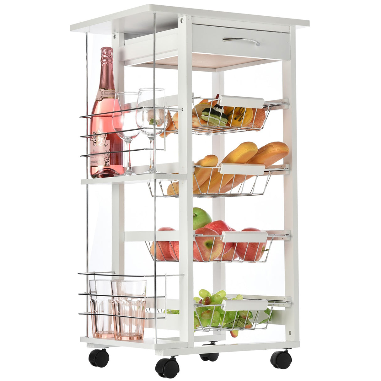 easycomfort easycomfort carrello da cucina salvaspazio in legno bianco portavivande con 1 piano di lavoro 1 cassetto e 4 cestelli metallici 47x37x83cm ean 8054111844918