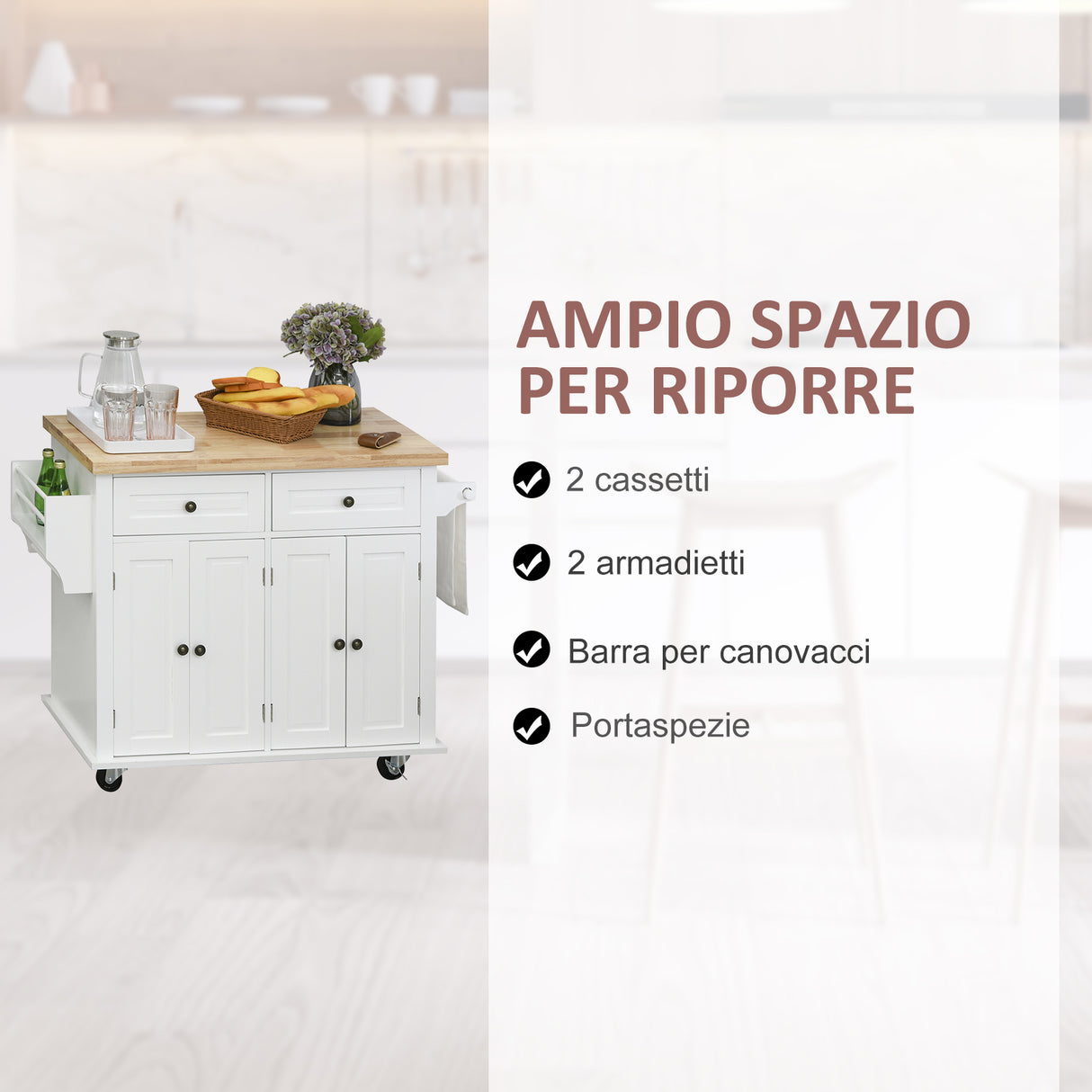 easycomfort easycomfort carrello da cucina portavivande con cassetti armadietti portaspezie e 4 ruote legno 111x44 5x82 5cm bianco