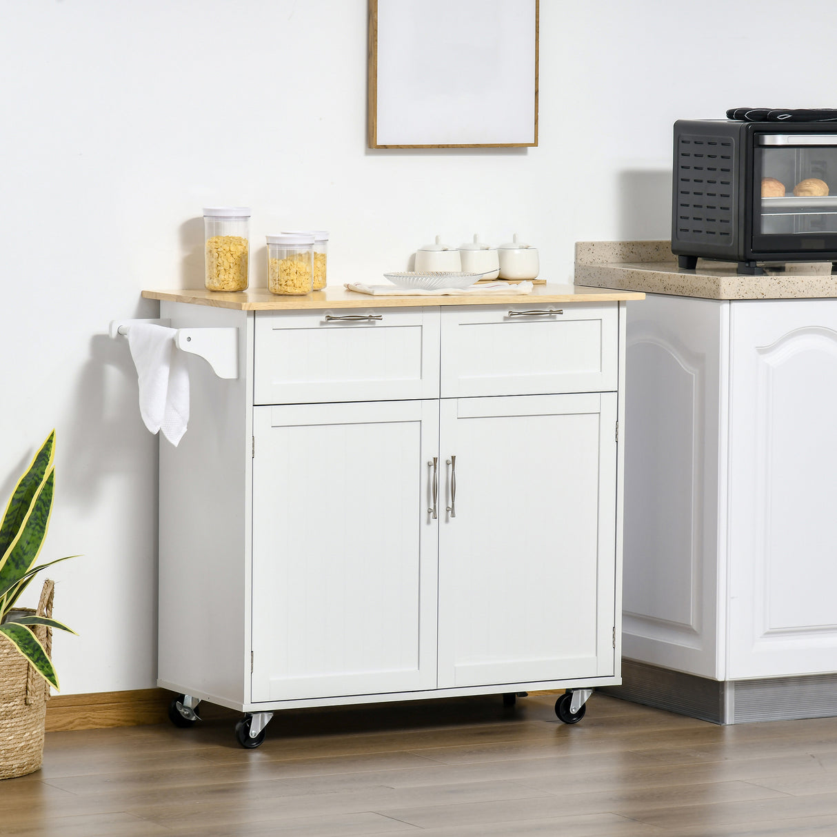 easycomfort easycomfort carrello da cucina multiuso in legno con 2 cassetti 104x46x91cm bianco