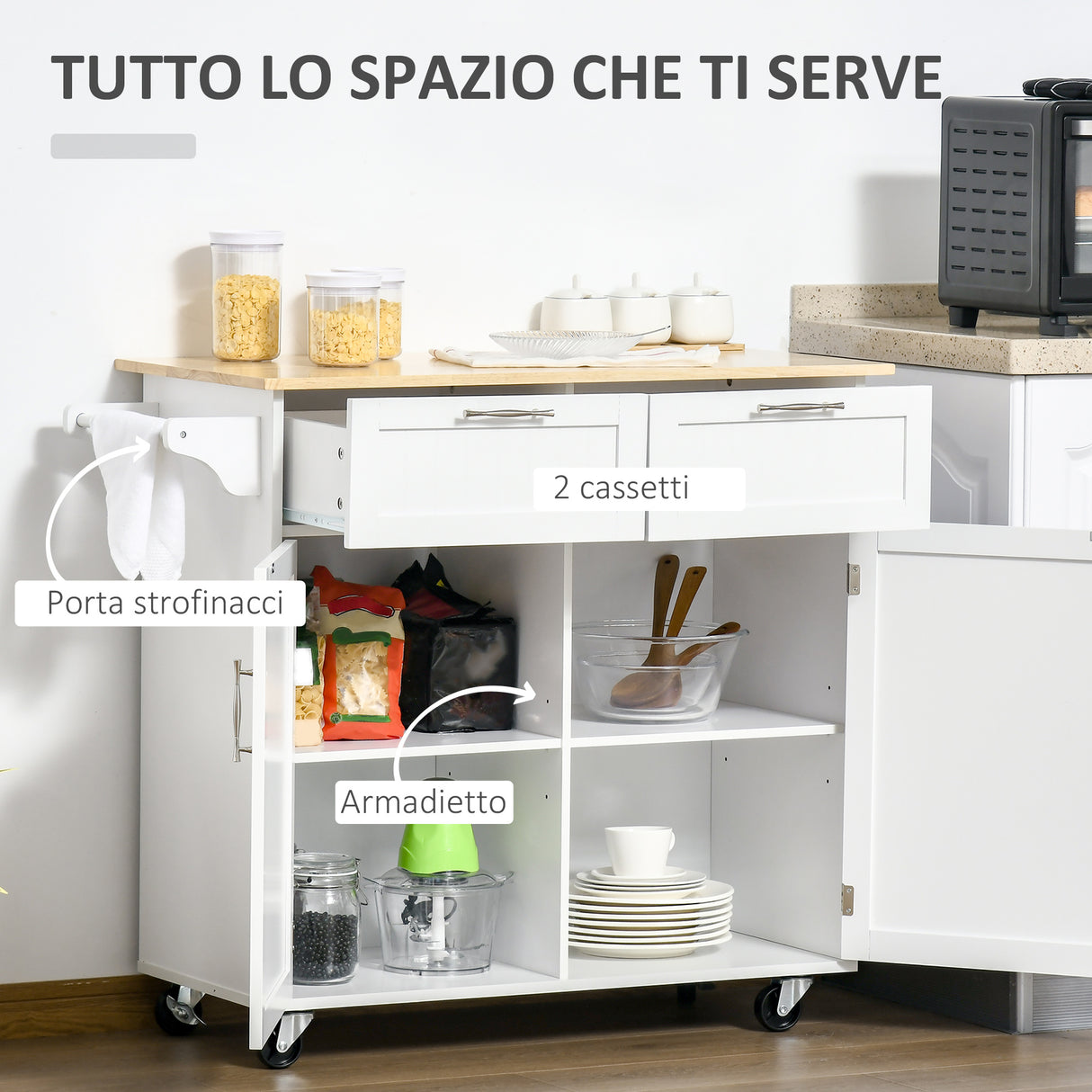 easycomfort easycomfort carrello da cucina multiuso in legno con 2 cassetti 104x46x91cm bianco