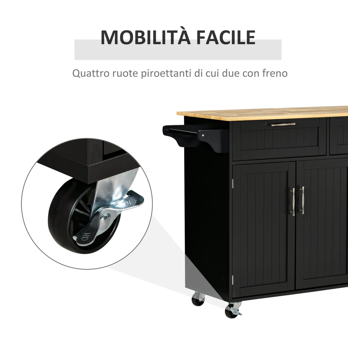 easycomfort easycomfort carrello da cucina in legno con 2 cassetti armadietto 3 ante e 4 ruote 121x46x91cm nero