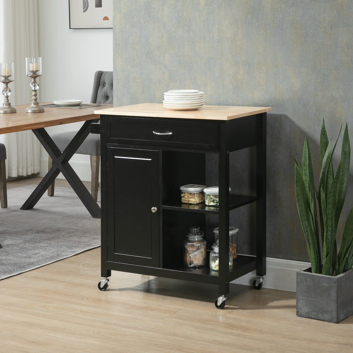 easycomfort easycomfort carrello da cucina in legno con cassetto armadietto e ruote 83x45x88cm nero