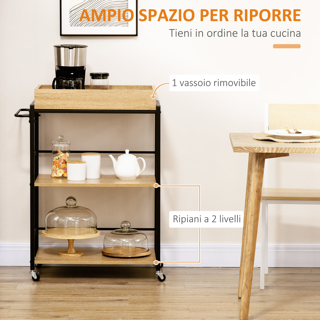easycomfort easycomfort carrello da cucina a 3 ripiani con vassoio rimovibile e ruote girevoli 72x40x94cm legno e nero