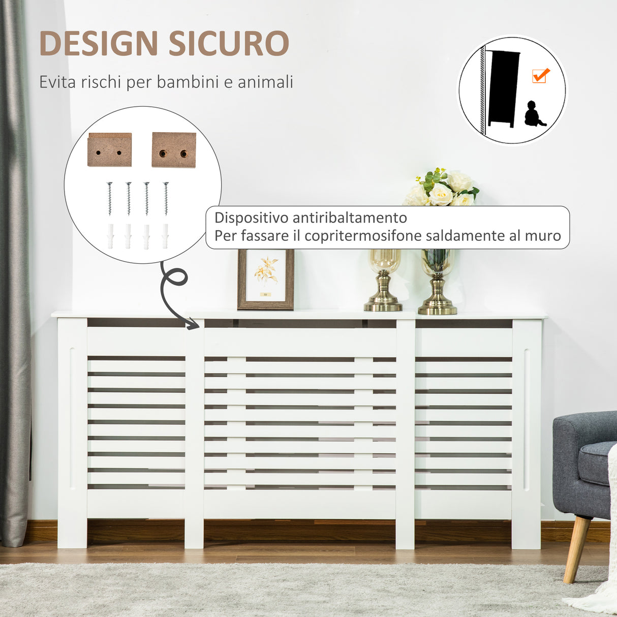 easycomfort mobile copricalorifero larghezza regolabile e mensola superiore in mdf e legno   bianco