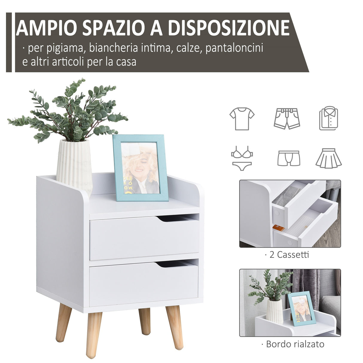 easycomfort easycomfort comodino salvaspazio dal design moderno in legno bianco piccola cassettiera camera da letto con 2 cassetti e piedini in legno di pino 33 x 28 x 42cm ean 8054111845014
