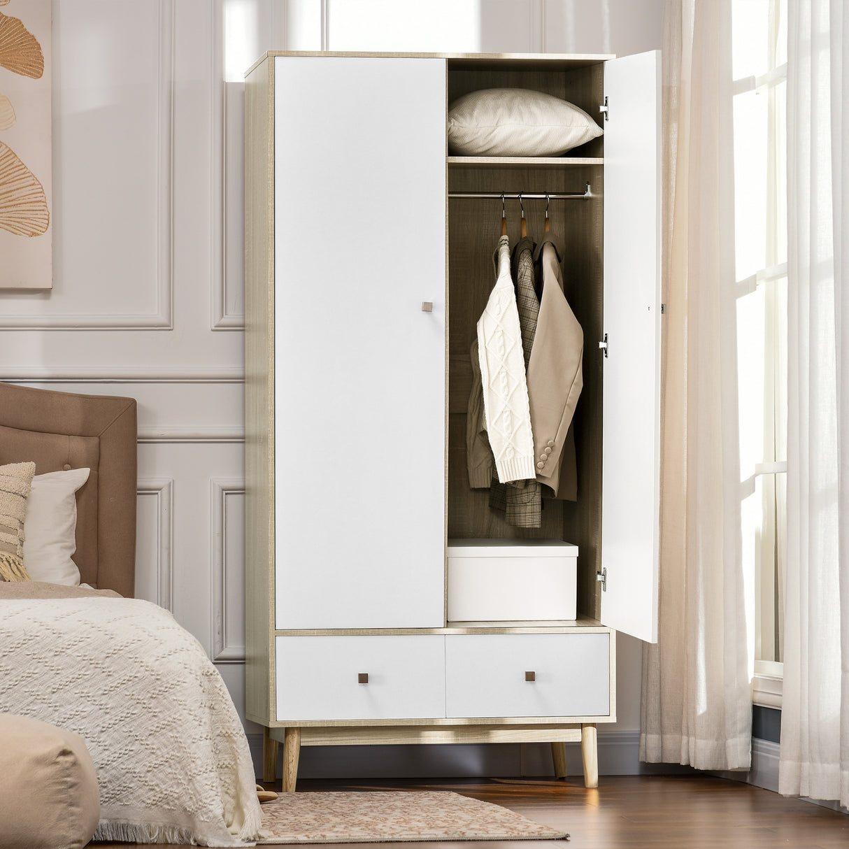 easycomfort easycomfort armadio 2 ante in legno con 4 vani 2 cassetti e appendiabiti color legno e bianco 90x50x190cm
