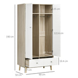 easycomfort easycomfort armadio 2 ante in legno con 4 vani 2 cassetti e appendiabiti color legno e bianco 90x50x190cm