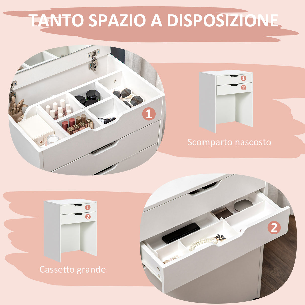 easycomfort toeletta da camera con specchiera cassetto e sgabello abbinato in legno bianco