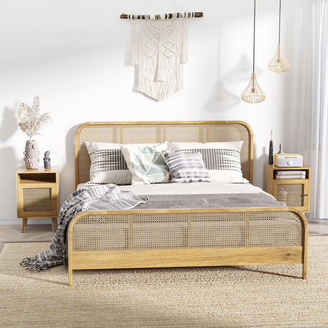 easycomfort easycomfort set 2 comodini in stile boho con armadietto e ripiano aperto in truciolato rattan e mdf 39x35x60 cm