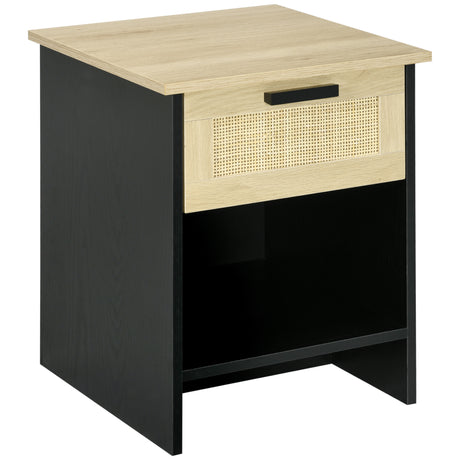 easycomfort easycomfort comodino stile boho chic in legno e rattan con cassetto e ripiano 40x40x50cm nero e naturale