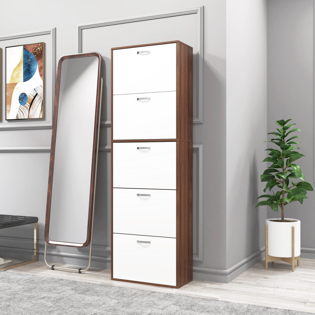 easycomfort easycomfort scarpiera slim a 5 livelli con 2 ripiani per livello in mdf 60x28x189 cm bianco e marrone