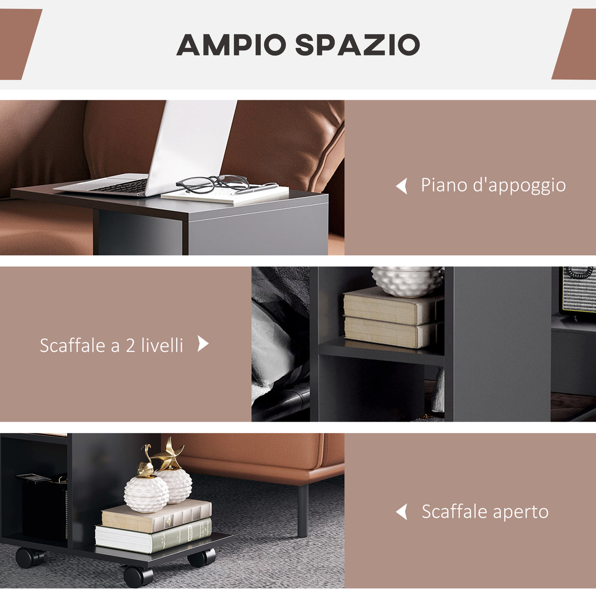 easycomfort easycomfort tavolino da salotto a c con 2 ripiani aperti e 4 ruote girevoli 45x35x58 cm nero