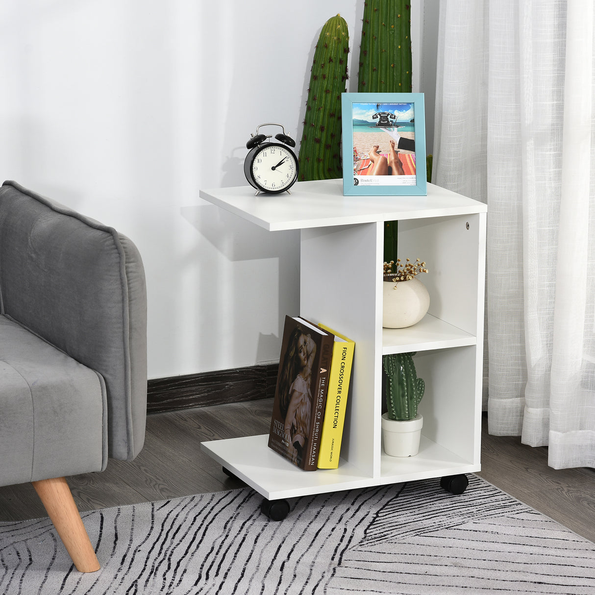 easycomfort easycomfort tavolino da salotto a c con 2 ripiani aperti e 4 ruote girevoli in truciolato 45x35x58cm bianco