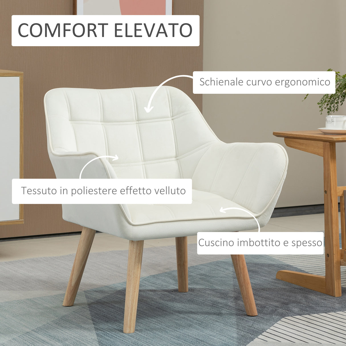 easycomfort easycomfort poltrona design scandinava in legno ed effetto velluto crema per soggiorno o ufficio 68 5x61x72 5 cm