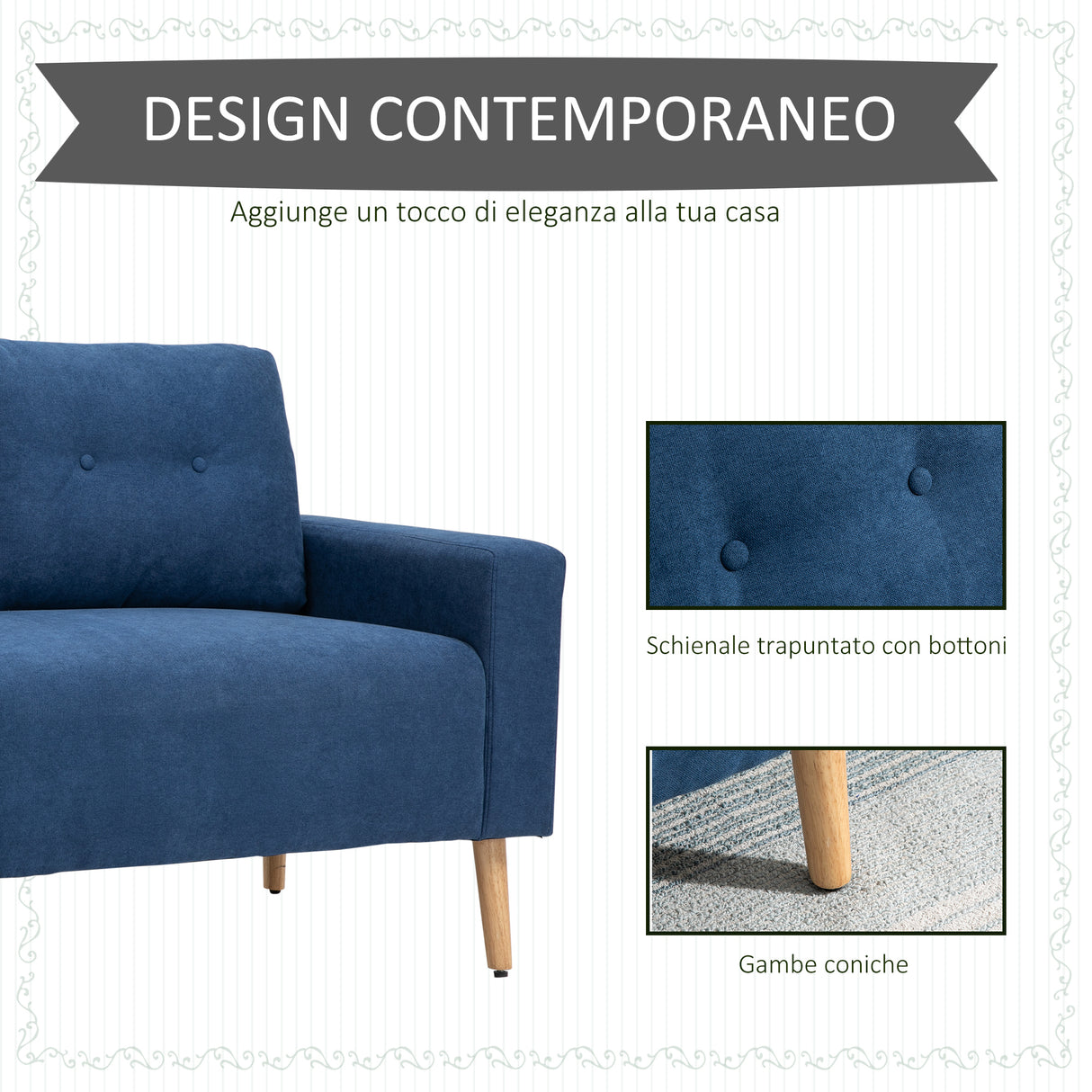 easycomfort easycomfort divano 2 posti moderno e trapuntato in stile nordico in poliestere e legno 145x76x88 cm blu