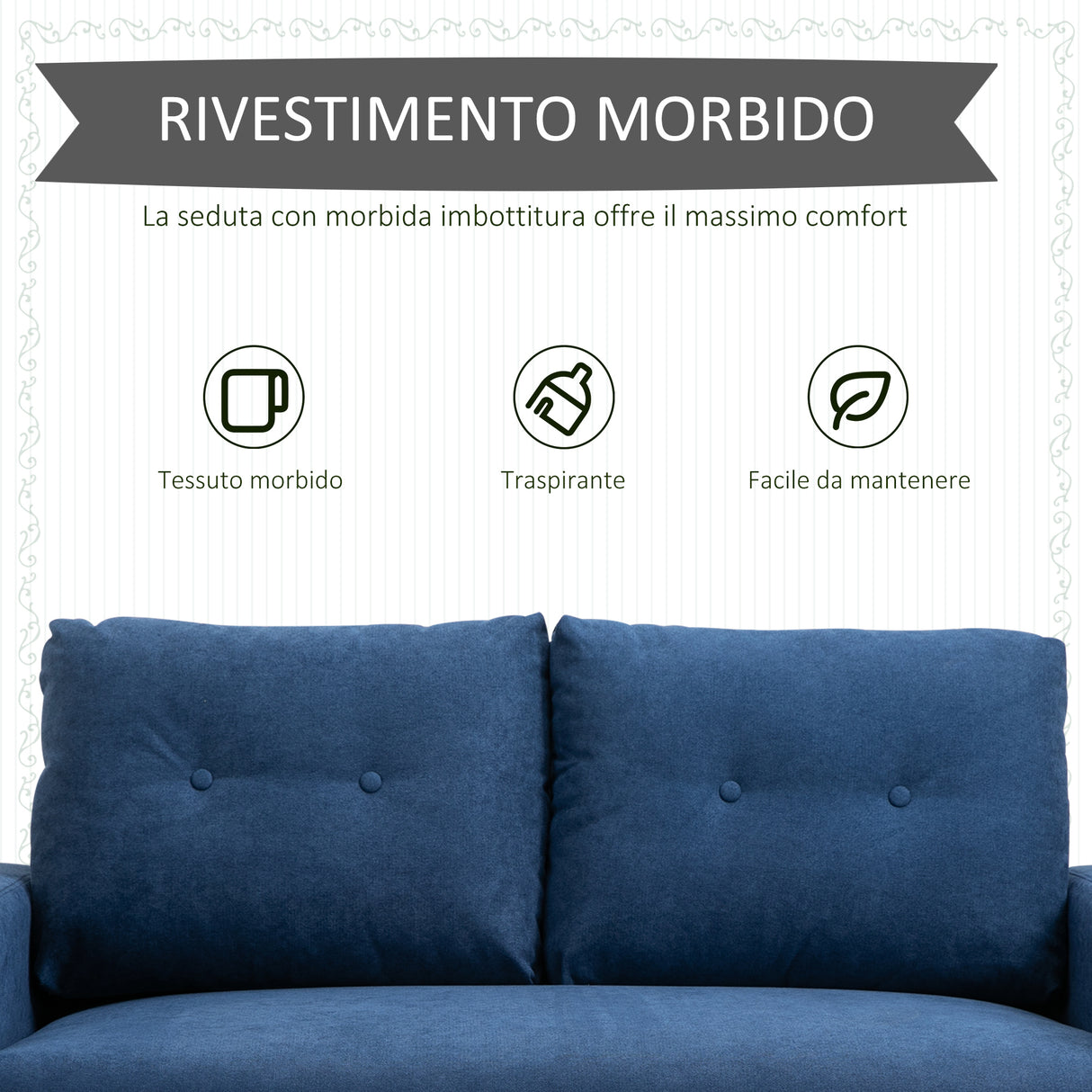 easycomfort easycomfort divano 2 posti moderno e trapuntato in stile nordico in poliestere e legno 145x76x88 cm blu