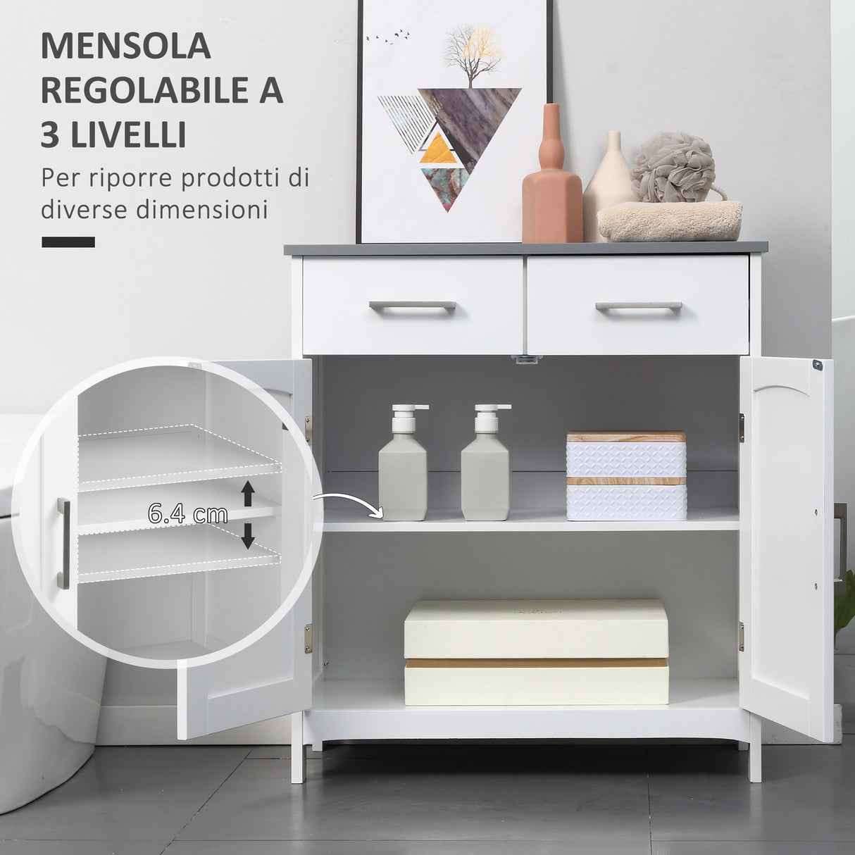 easycomfort easycomfort mobiletto bagno con 2 ante 2 cassetti e ripiano regolabile in mdf 68x33x76cm