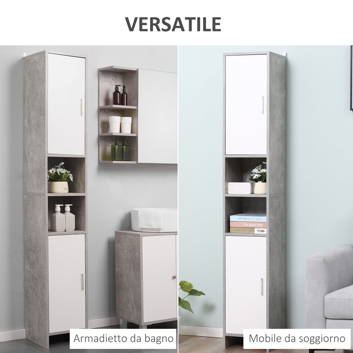 easycomfort easycomfort colonna bagno con 2 armadietti e 2 vani aperti in legno effetto cemento 30x30x180cm