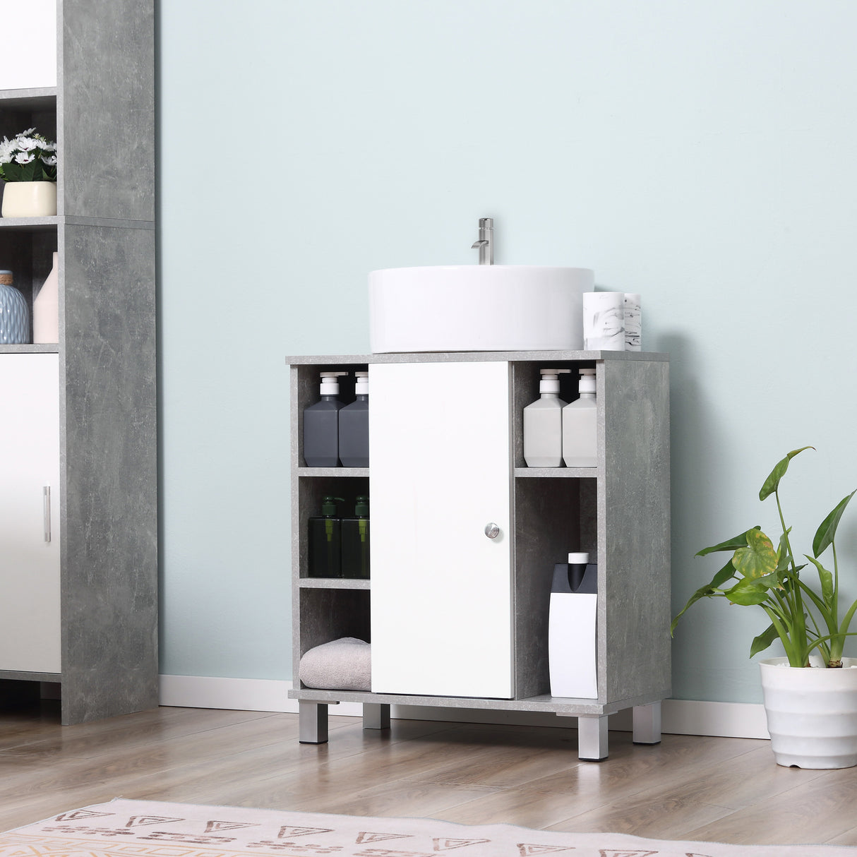 easycomfort easycomfort mobiletto sottolavandino con intaglio a u e 6 ripiani in legno 60x30x68cm bianco grigio