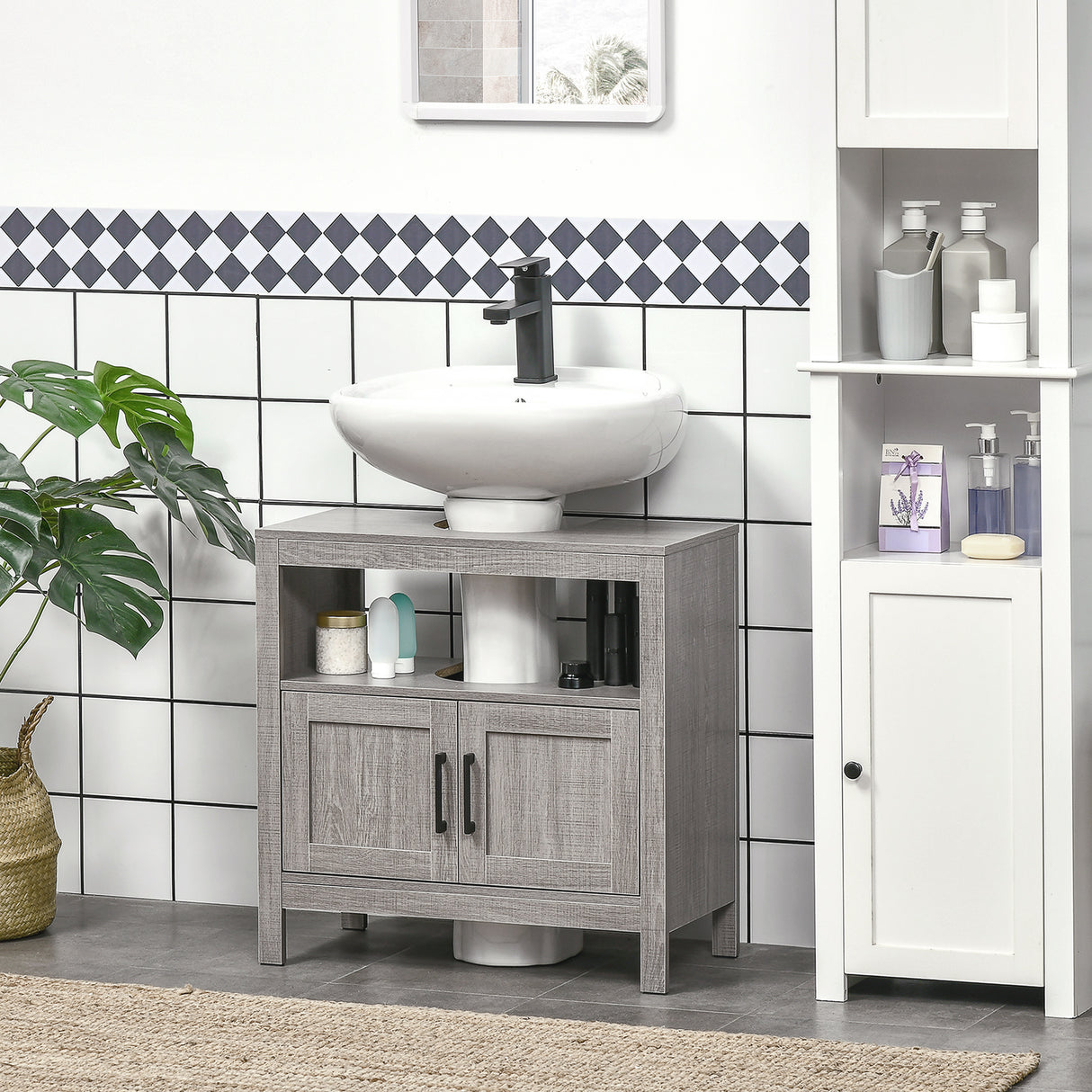 easycomfort easycomfort mobile sottolavabo con armadietto a 2 ante e ripiani in legno 60x30x60cm grigio