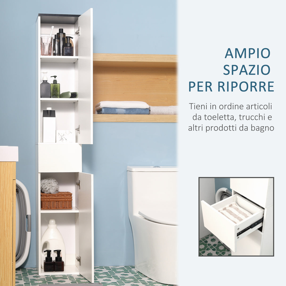 easycomfort easycomfort mobile bagno con ripiano regolabile 2 ripiani chiusi e un cassetto in legno 30x28x180 cm bianco