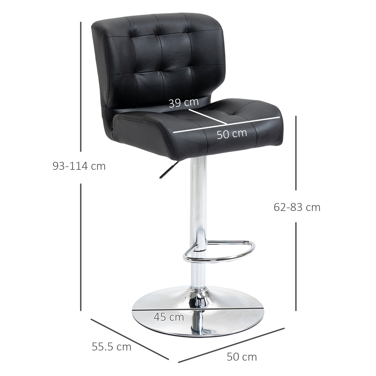 easycomfort easycomfort set 2 sgabelli da bar girevoli e imbottiti in pelle pu nera con schienale e poggiapiedi altezza regolabile per cucina o pub 50x55 5x93 114cm