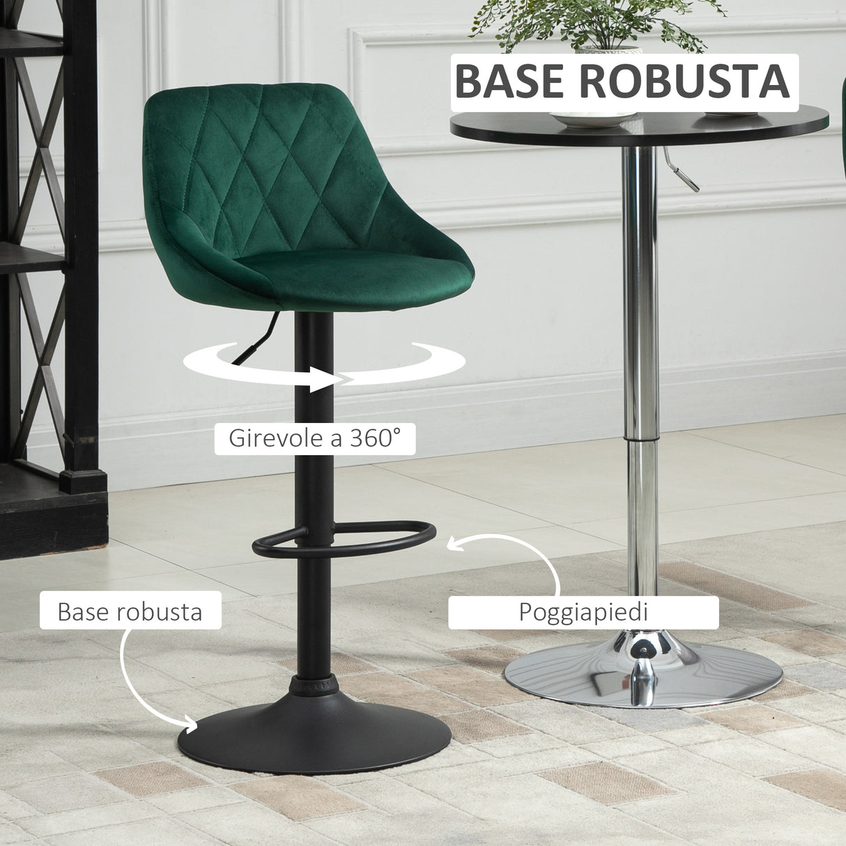 easycomfort easycomfort set 2 sgabelli da bar altezza regolabile con base in metallo e seduta in velluto sgabelli moderni con schienale e poggiapiedi 46x48x83 104 cm verde