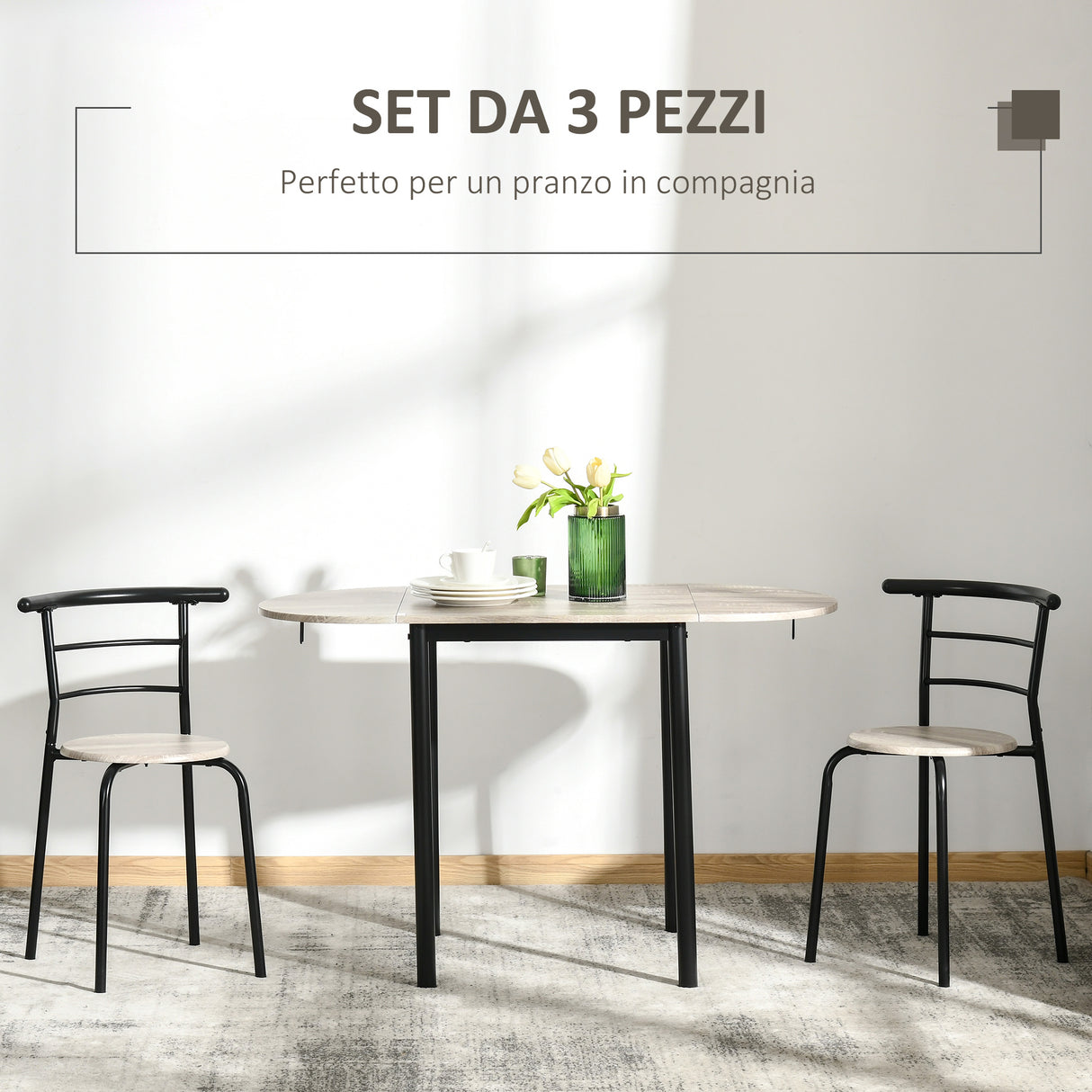 easycomfort easycomfort set da pranzo 3 pezzi con 2 sedie e 1 tavolo da pranzo ovale in mdf e acciaio per spazi limitati
