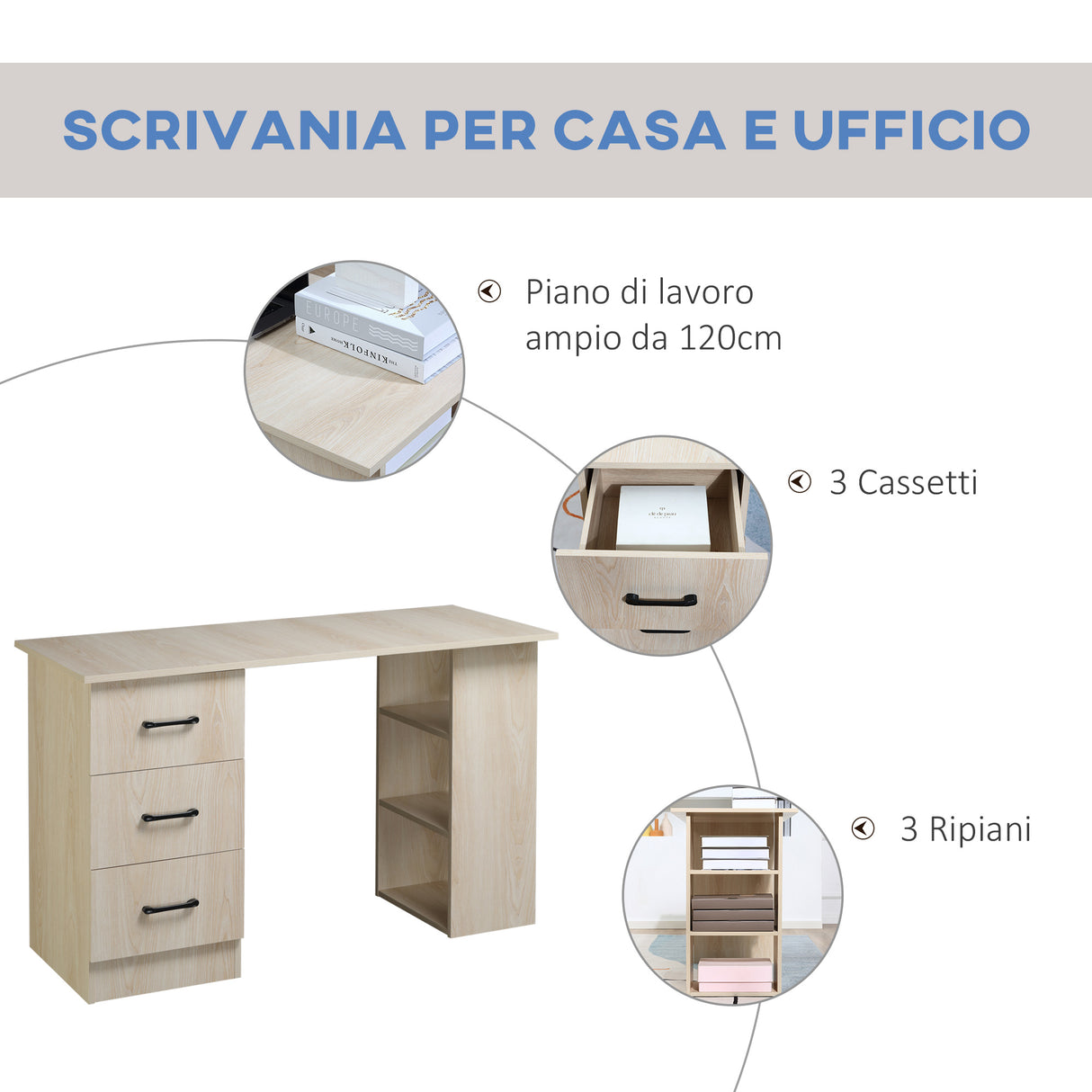 easycomfort easycomfort scrivania pc moderna per camera con 3 cassetti e 3 scaffali in legno per casa e ufficio 120x49x72cm