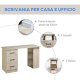 easycomfort easycomfort scrivania pc moderna per camera con 3 cassetti e 3 scaffali in legno per casa e ufficio 120x49x72cm