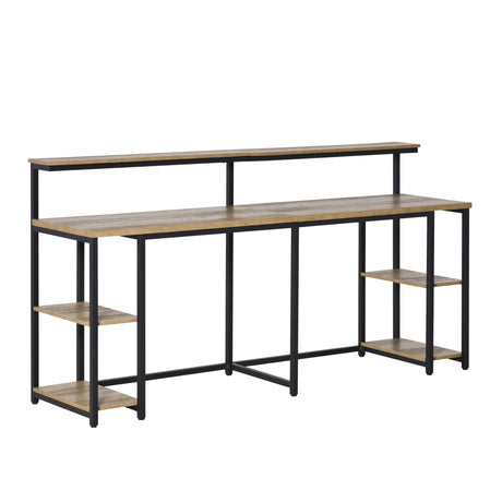 easycomfort easycomfort scrivania doppia con scaffali e mensola per monitor in stile industriale scrivania con libreria salvaspazio per ufficio e studio in metallo e mdf 200x53x100cm nero marrone