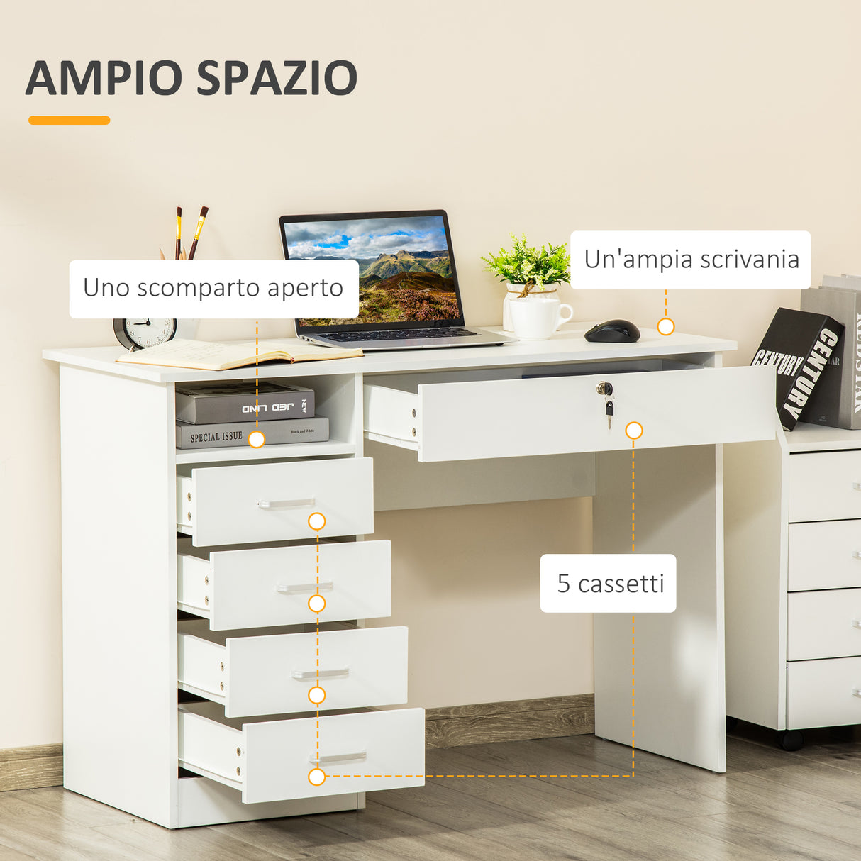 easycomfort easycomfort scrivania per camera o ufficio in legno con 2 cassetti e 2 chiavi 110x50x76cm bianco