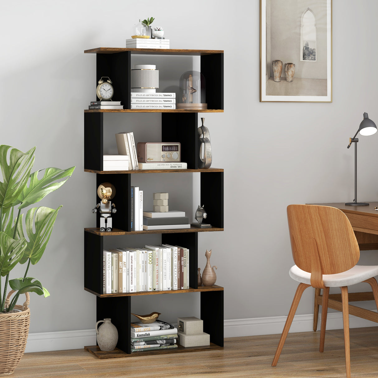easycomfort easycomfort libreria moderna asimmetrica a parete con 5 ripiani in legno 70x29 5x163cm marrone rustico