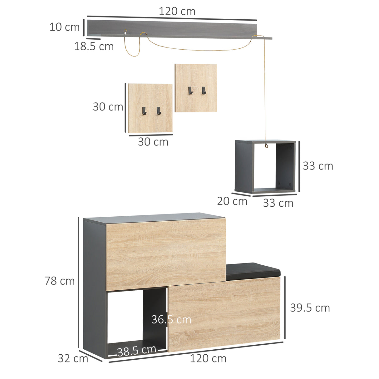 easycomfort easycomfort set mobile da ingresso con attaccapanni scarpiera con panca e scaffale grigio e naturale