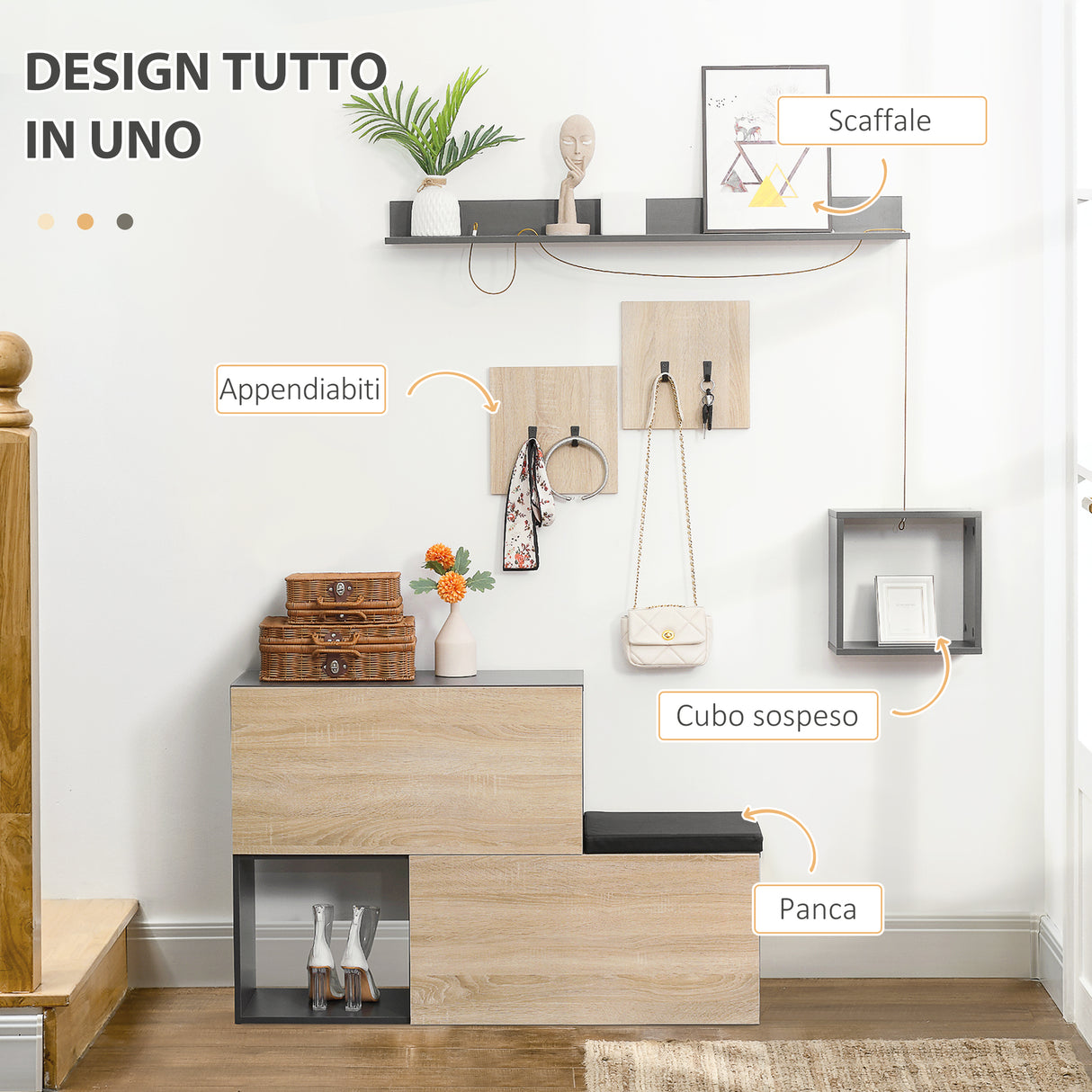 easycomfort easycomfort set mobile da ingresso con attaccapanni scarpiera con panca e scaffale grigio e naturale