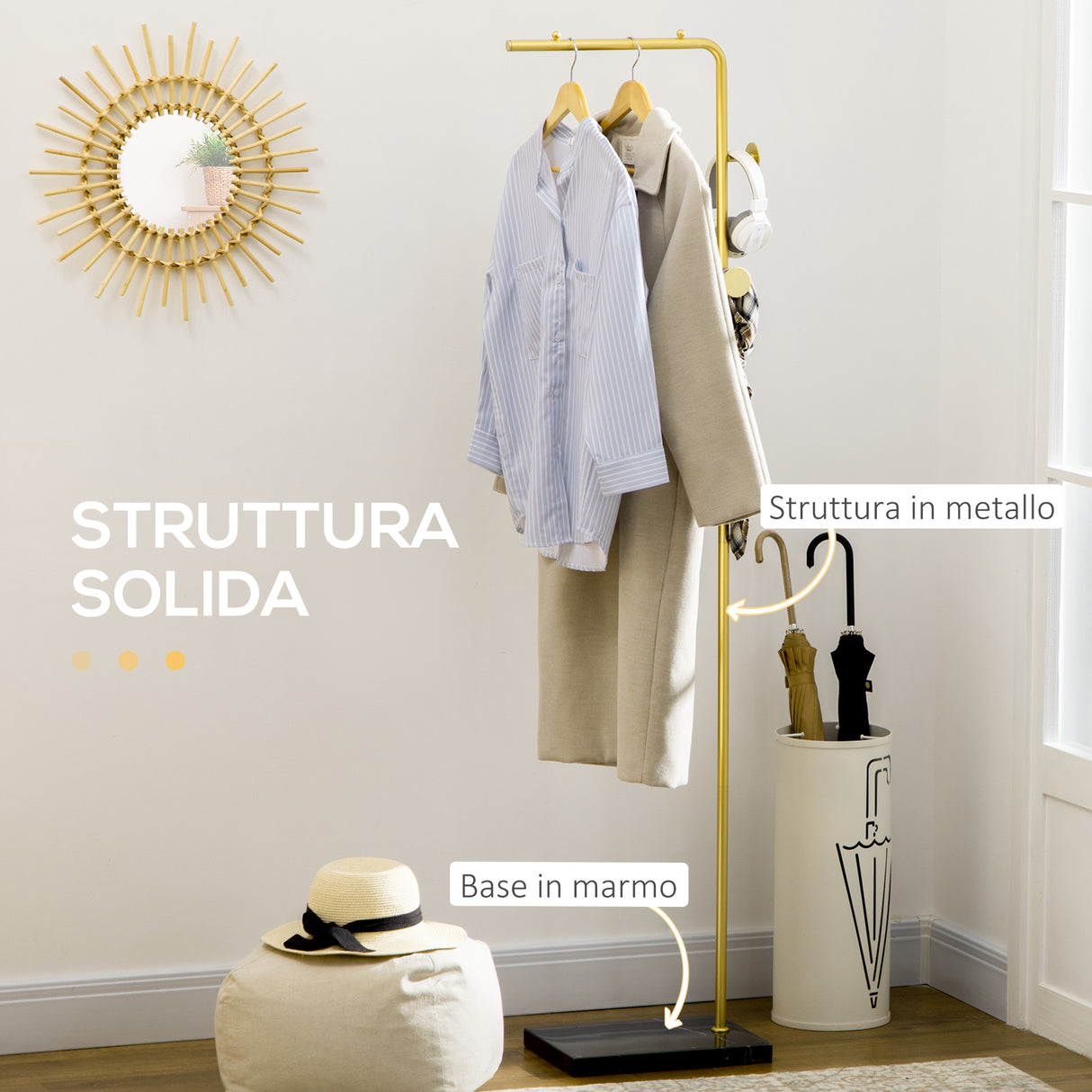 easycomfort easycomfort appendiabiti con 2 ganci per ingresso camera da letto e soggiorno in metallo e marmo 35x25x170 cm oro e nero