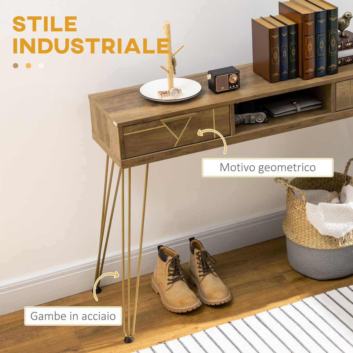easycomfort easycomfort tavolo consolle in truciolato e acciaio per ingresso e soggiorno con ripiano aperto e 2 cassetti 120x29x79 cm