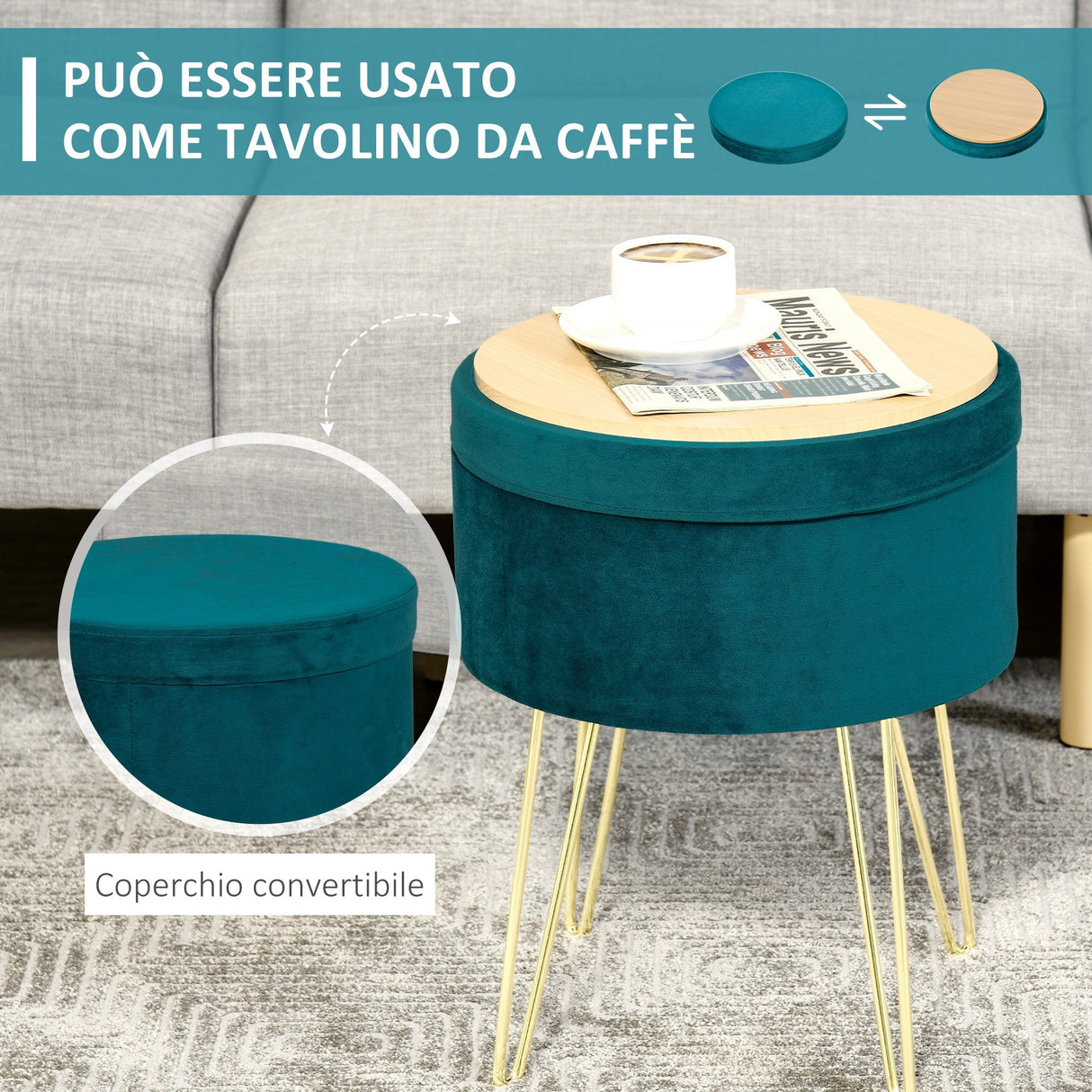 easycomfort easycomfort pouf contenitore 2 in 1 con funzione sgabello e tavolino in legno e velluto verde metallo con finitura oro 36x36x45cm ean 8054111847643