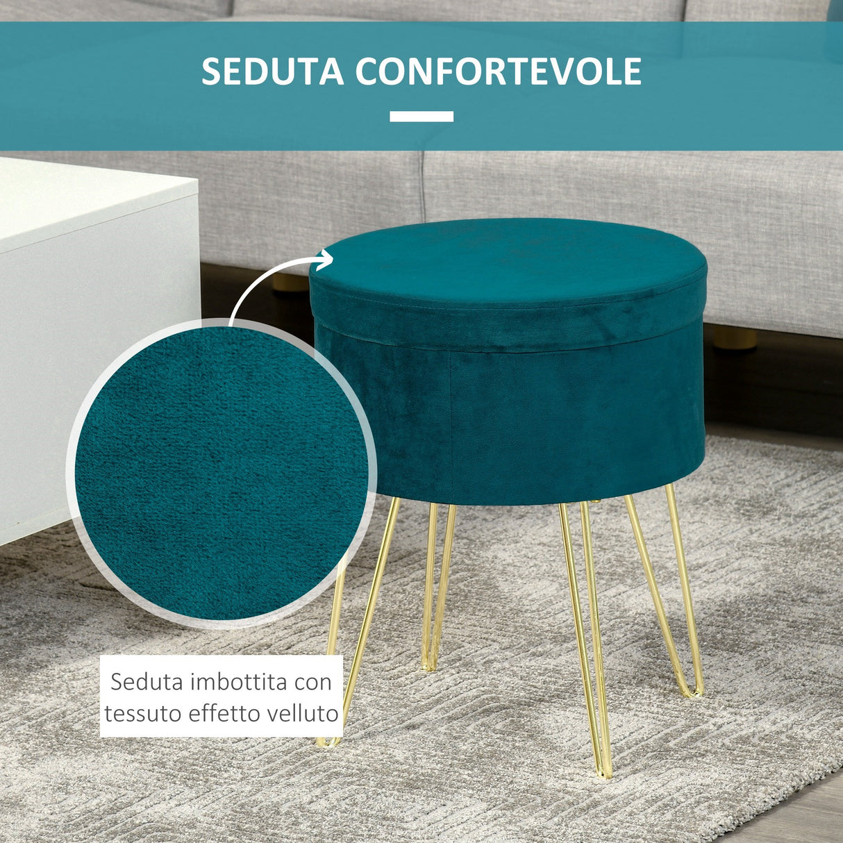 easycomfort easycomfort pouf contenitore 2 in 1 con funzione sgabello e tavolino in legno e velluto verde metallo con finitura oro 36x36x45cm ean 8054111847643