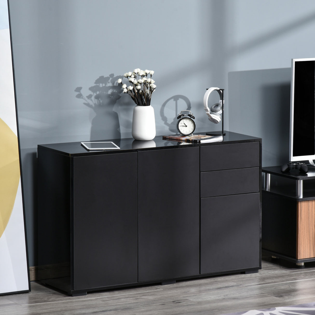 easycomfort easycomfort mobiletto multiuso nero con 2 cassetti e 2 armadietti ad apertura a pressione 117x36x74cm